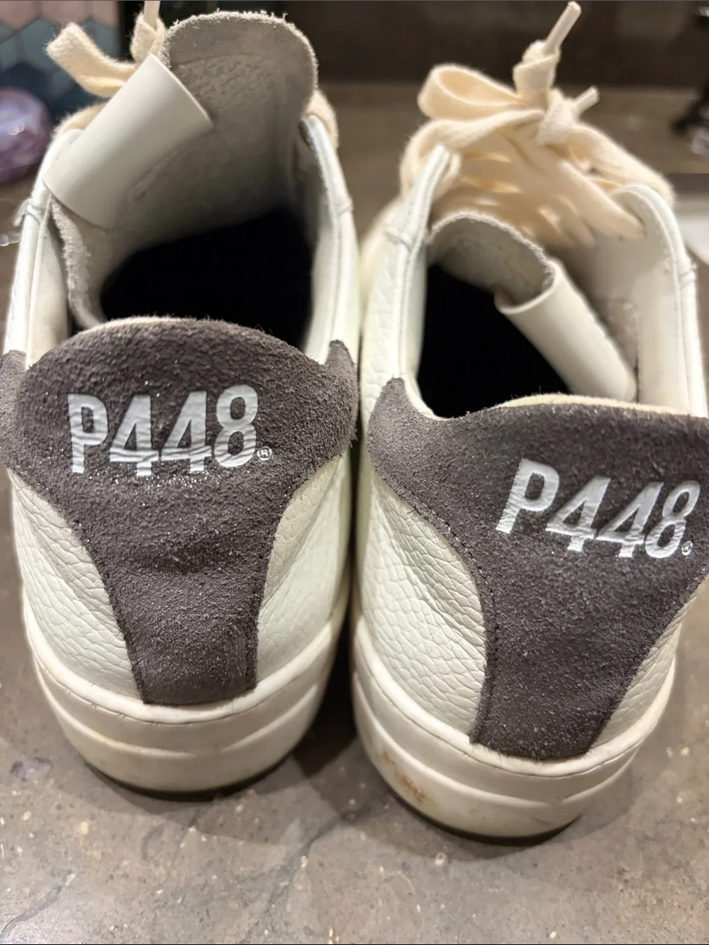 P448 Women’s Off white Laces & White Leather Low-Top Sneakers with Gray Heel